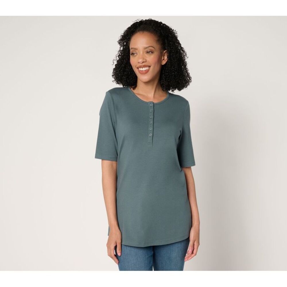 Denim & Co. Women's Top Petite PXL Essentials Perfect Medium Grey Heather